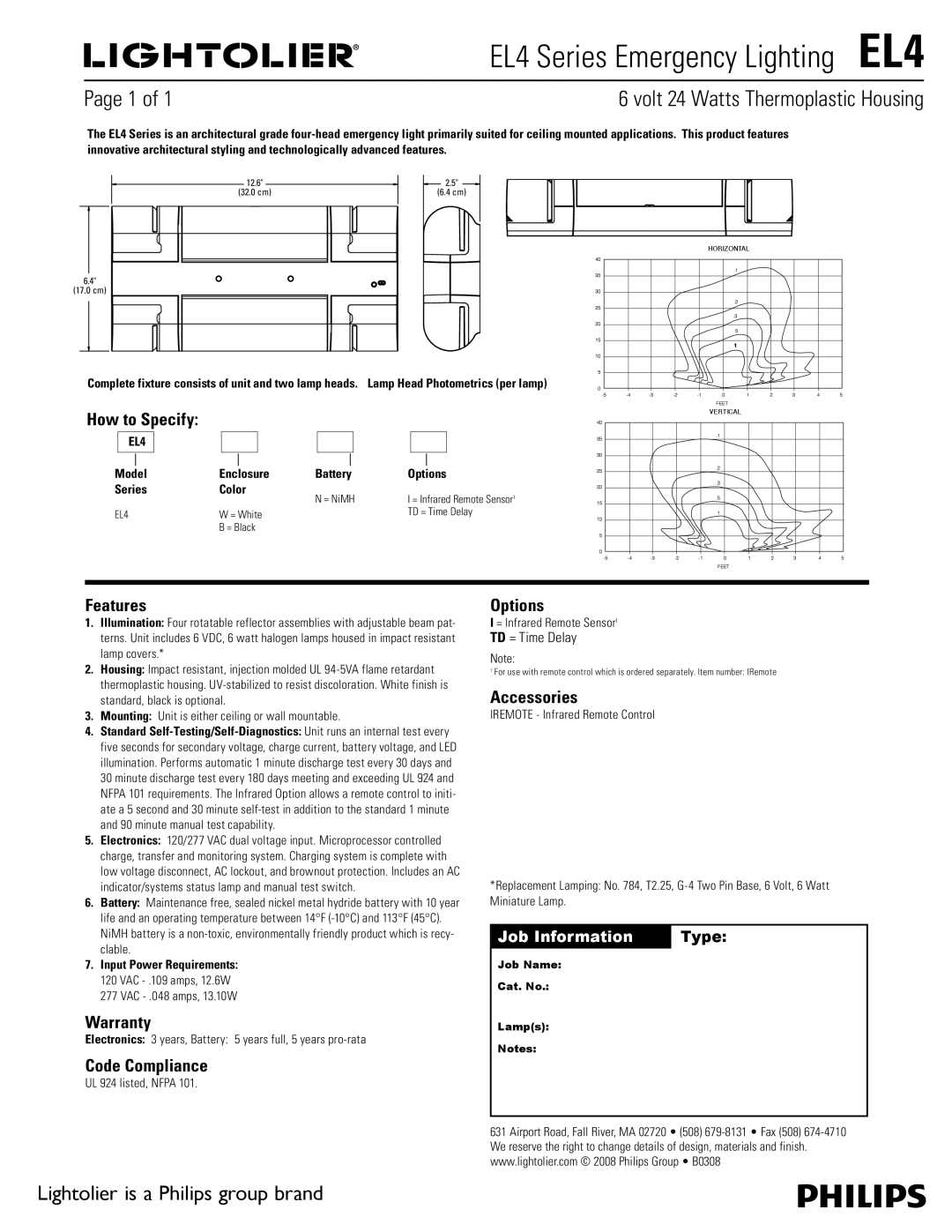 Lightolier EL4 Series warranty EL4 Series Emergency Lighting EL4, Volt 24 Watts Thermoplastic Housing 